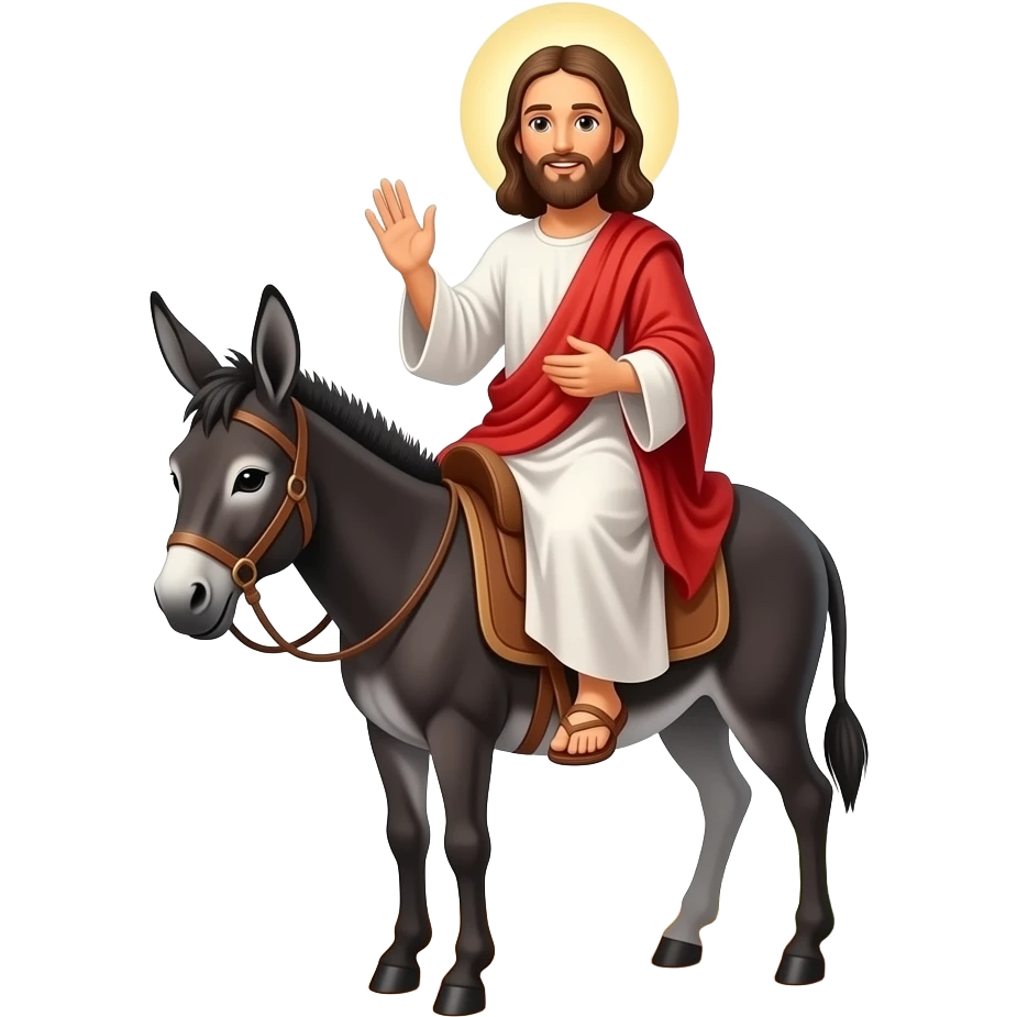 Jesus on a donkey with palm tree leaves lining the ground. emoji
