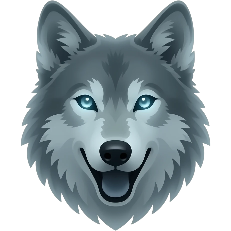 wolf head emoji facing front, mouth open, only partially visible with subtle shadow silhouette, transparent ghost-like body, glowing eyes floating in darkness, soft smoky outline ,semi-transparent fur distortion effect” emoji
