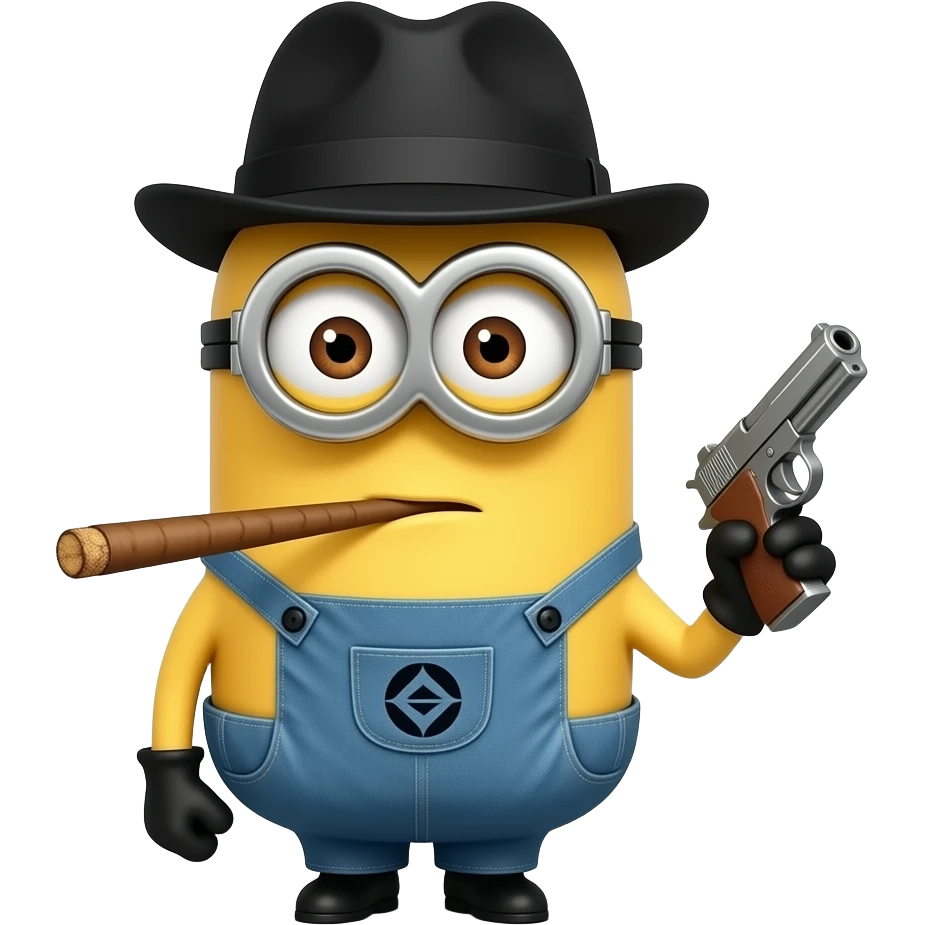 Gangster Tupac type yellow minion, with spliff in mouth and gun emoji