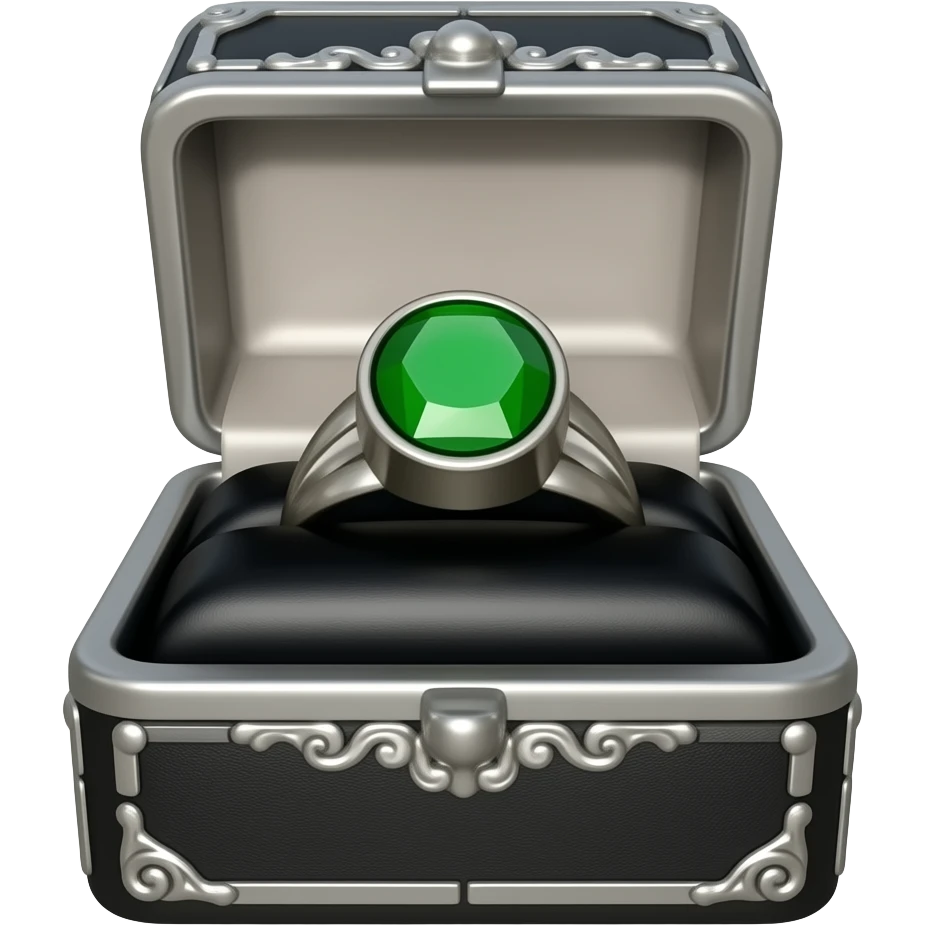 a woman's Emerald ring in a black box with silver ornate trim emoji