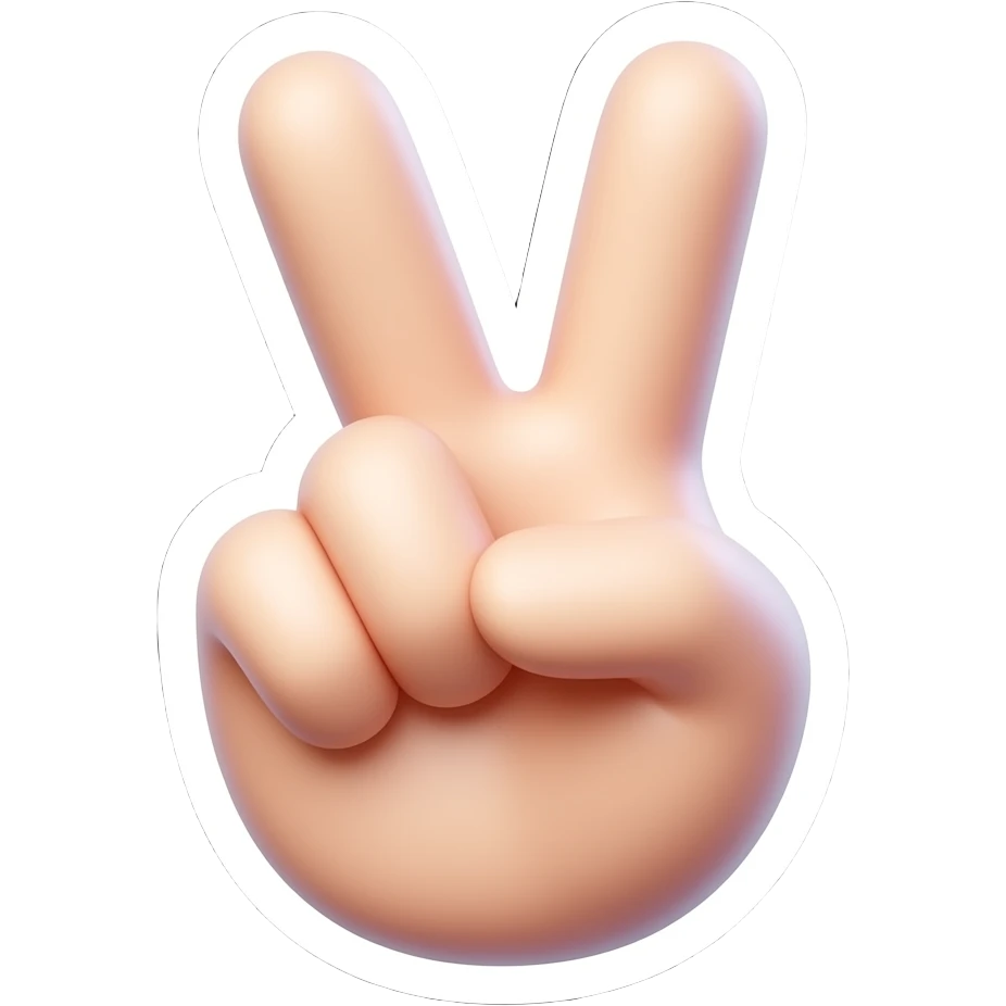 A cute 3D emoji-style hand making a V sign, playful idol fan vibe, soft glossy texture, pastel tone, rounded and adorable shape, clean white background, sticker-like emoji design, high quality, soft lighting, centered composition emoji