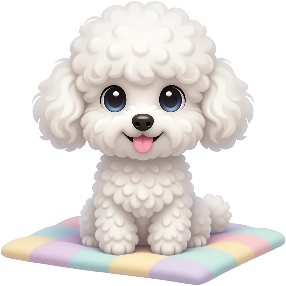 A cute fluffy white toy poodle sitting on a soft pastel blanket, huge sparkling eyes, curly fluffy fur, tiny pink tongue sticking out, cozy warm lighting, ultra adorable expression, detailed fur texture, soft shadows, kawaii aesthetic, high quality, centered composition emoji