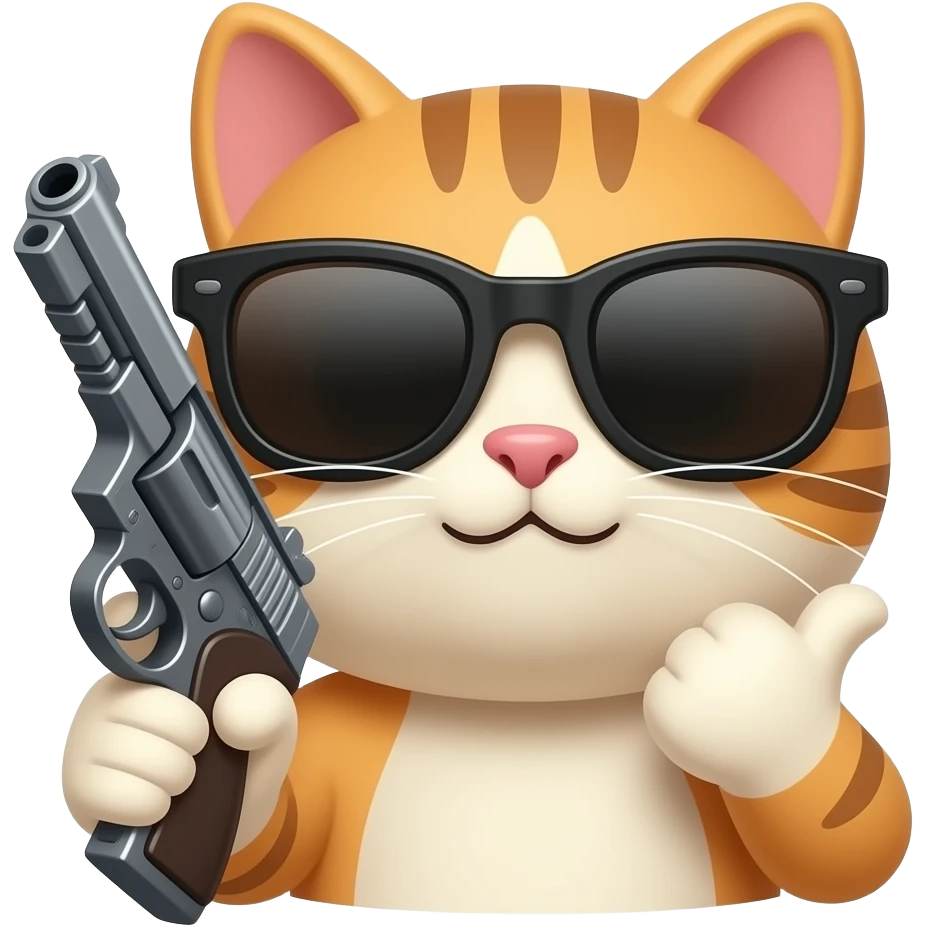 cat head with cool sun glasses holding a gun and flipping you off emoji