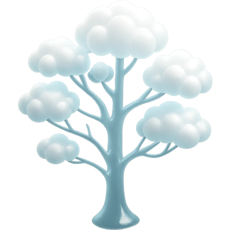 one tree with many branches and a white trunk, crown made of small very bright white fluffy convex clouds, matte glass style emoji