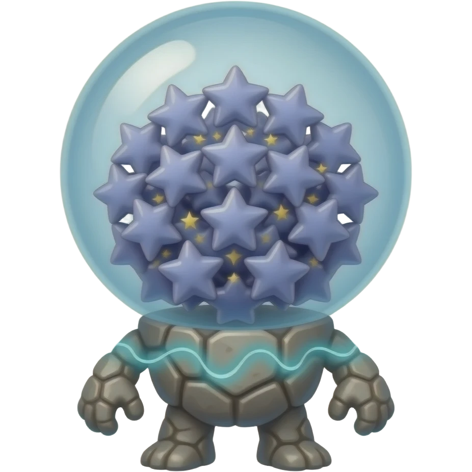 Bubble Golem, massive transparent bubble head filled with floating stars, tiny stone body, magical energy aura, fantasy mascot, stylized collectible. emoji