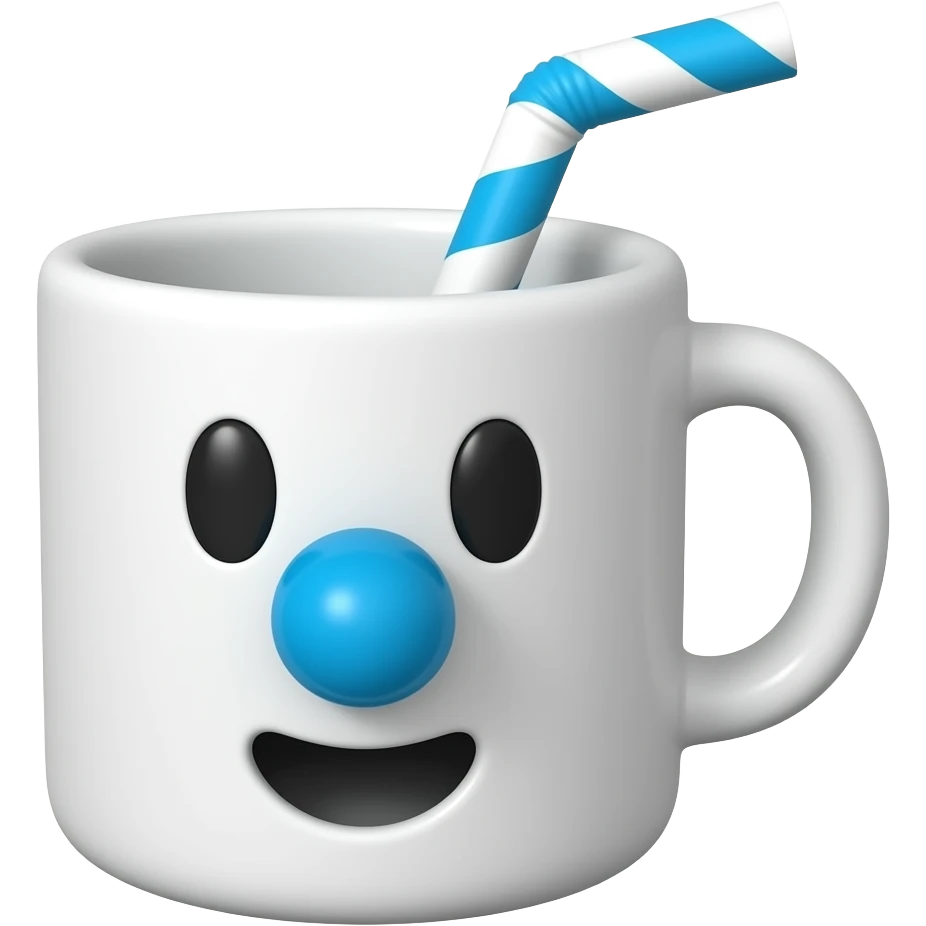 3D emoji kupa fincan, beyaz renk fincan kupa, büyük yuvarlak mavi burun, fincanın içinde mavi-beyaz düz pipet, parlak porselen dokusu, beyaz arka plan, ağzı olacak emoji