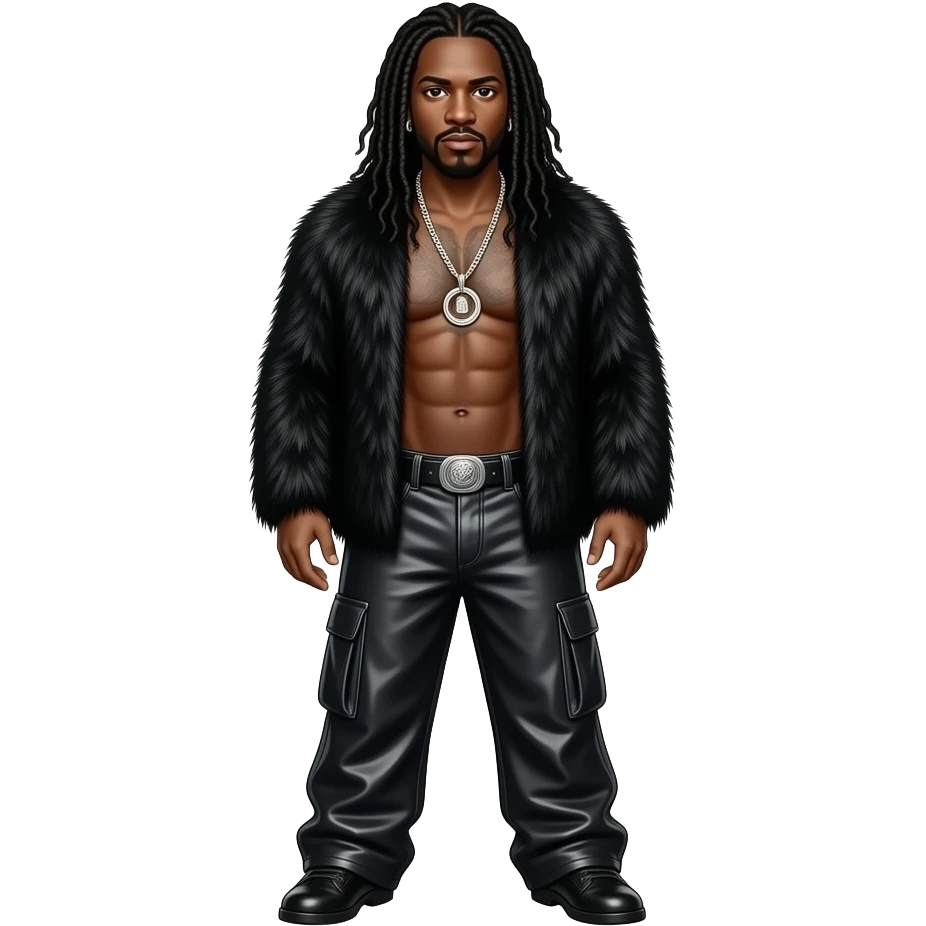 Layzie Bone from Bone Thugs-N-Harmony with brown eyes, long black hair, black fur shawl, black metallic baggy pants, shirtless with necklace and earrings emoji