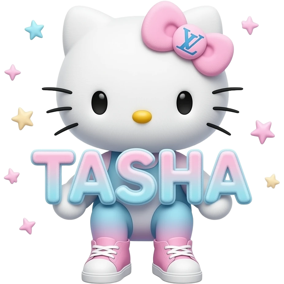 4D Velvety fur texture hello kitty wearing ombre white and blue and pink ombre pastel colored leggings and sneakers, and with the Louis Vuitton symbol on her ombre pastel bow sitting down holding the velvety 3D outlined letters TASHA and surrounded with tiny ombre pastel stars made of candy emoji