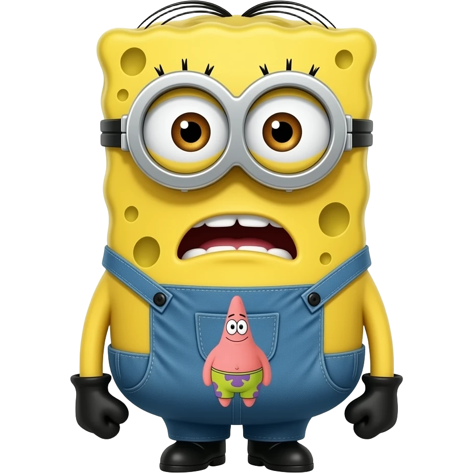 un minion con cara de bob esponja i con calamardo y patricio en su barriga y que la cara de miedo emoji