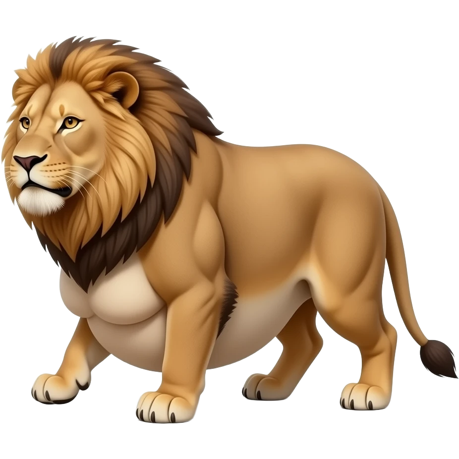 A reality lioness,trying to walk normally,but her huge overstuffed tummy rolls side to side,the lioness ate way too much,she became so fat,she has the biggest pot belly. emoji