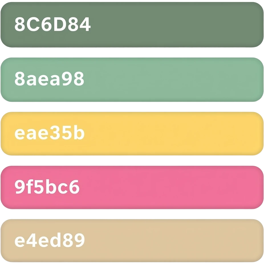 https://colors.muz.li/palette/8C6D8A/8aea98/eae35b/9f5bc6/e4ed89 emoji