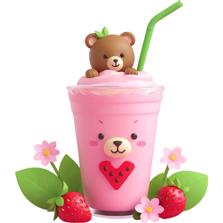 A strawberry milkshake cup with a straw, a cute bear peeking out, two strawberries with green leaves, and pink cherry blossom flowers, in 3D iOS style, pastel colors, soft shadows, clean and minimalistic design emoji
