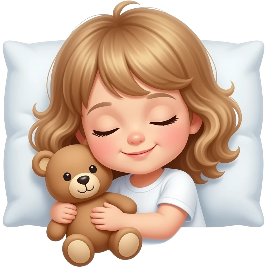 white kid  mid length hair to shoulders with bangs soft curly hair to shoulders in color: middle to little darker blond. sleeping on a pillow with a soft smile and hugging a brun beige teddy dog emoji