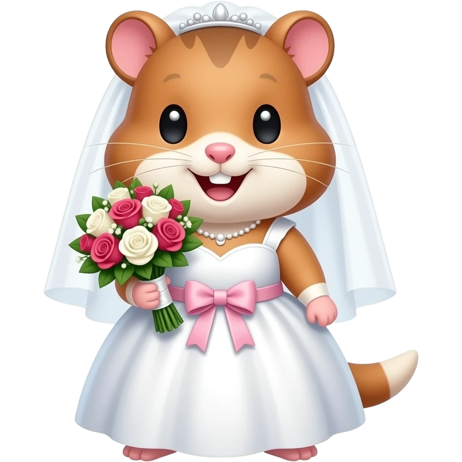 부케를 들고 활짝 웃는 귀엽고 예쁘고 깜찍한 갈색 햄스터 신부. emoji