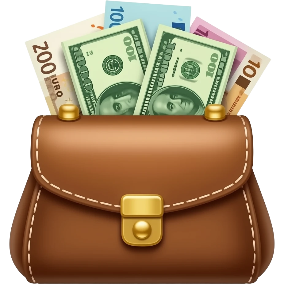 A purse with money and financial bills, representing financial contribution emoji