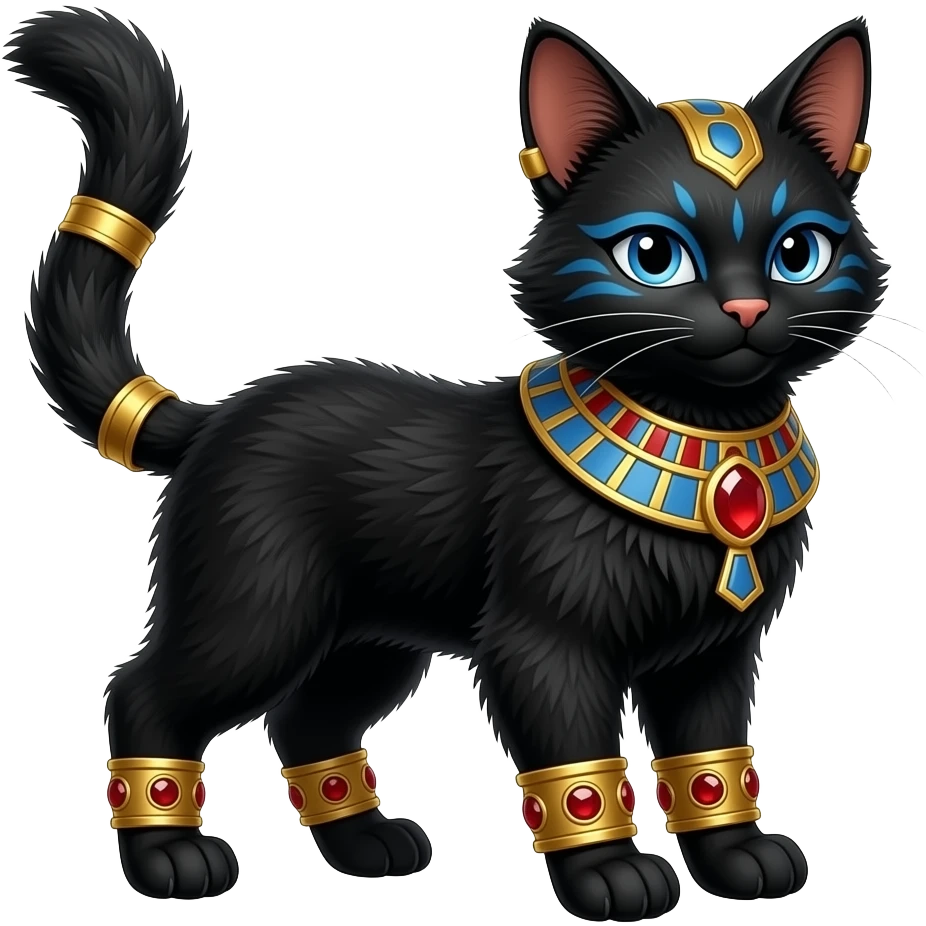 Realistic furry fuzzy Black godly overpowered ethereal majestic oriental ancient Lykoi-Caracal-Cat-Fakemon. With gold bangles, red rubies, Egyptian blue eye corner markings makeup, long thin tufted tail, long tufted ears emoji