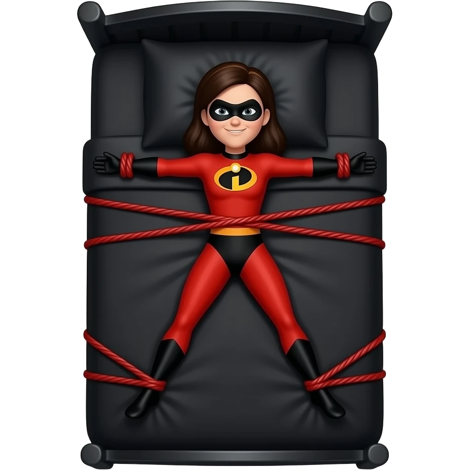 Violet Parr,Incredibles, red suit, yellow head band, long black hair,  Tied to a black bed, arms and legs spread, tied to the corners of the bed, black sheets, black pillow red silk ropes, view from foot of the bed emoji