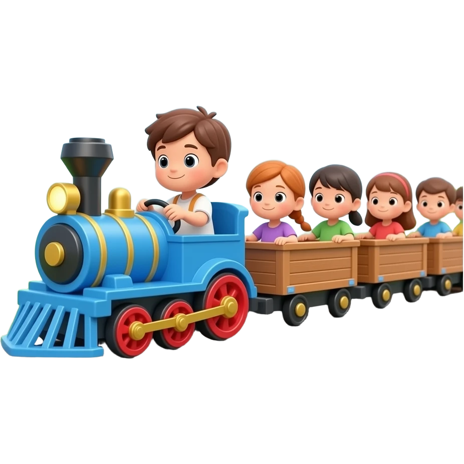 A child driving a blue toy train on the train track pulling wagons with kids inside with a blue sky and grass and sunemoji style emoji