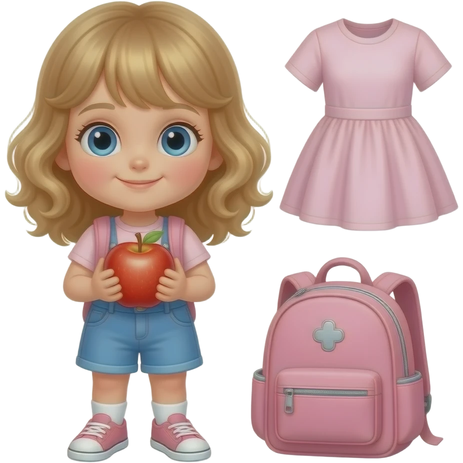 white kid blue eyes mid length hair to her shoulders with bangs soft curly hair to shoulders in color: middle to little darker blond. holding an apple in her hands with a pink backpack beside her and on the other side tomorrows outfit emoji