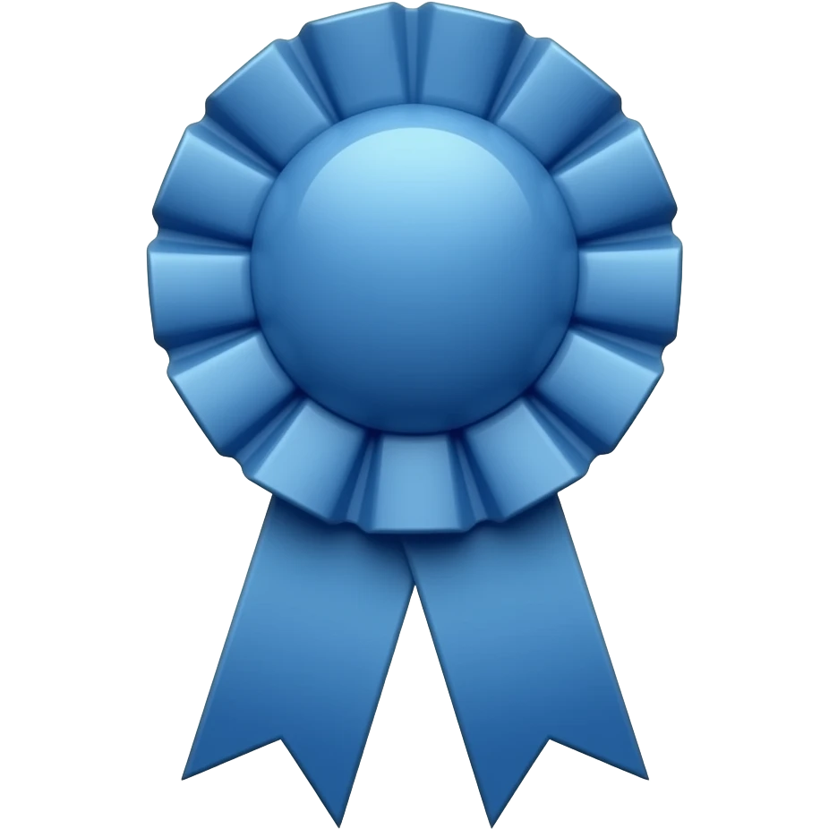 a first place ribbon that is blue with smaller round top emoji