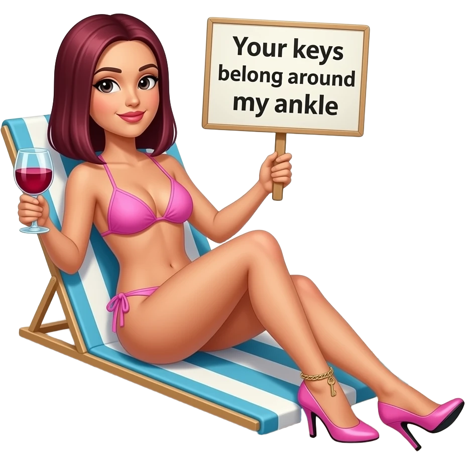 woman. burgundy, straight shoulder-length hair, sunbathing by pool, baby pink bikini and high stiletto heels. Ankle chain with small key dangling from it. Holding glass of red wine in one hand Holding sign in other hand that says "Your keys belong around my ankle". emoji