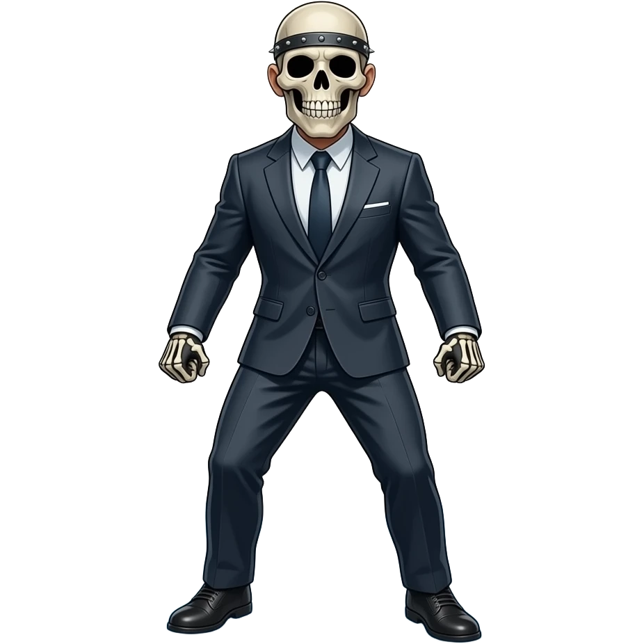 a skeletal figure wearing a suit. His eyes are covered by a riveted-on visor, his mouth is clamped shut and his ears capped. He stands ready to fight. The whole scene  has a blue hue as if it's frozen emoji
