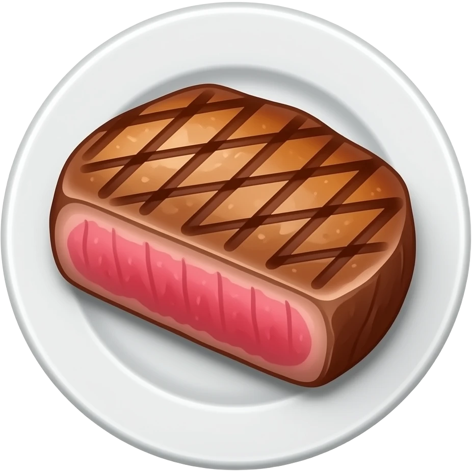 3D emoji style juicy grilled steak on a white plate, 
thick medium-rare beef with golden-brown seared crust 
and pink center, grill marks on top, 
Apple emoji aesthetic, soft highlights, 
transparent background, bold simple shapes emoji