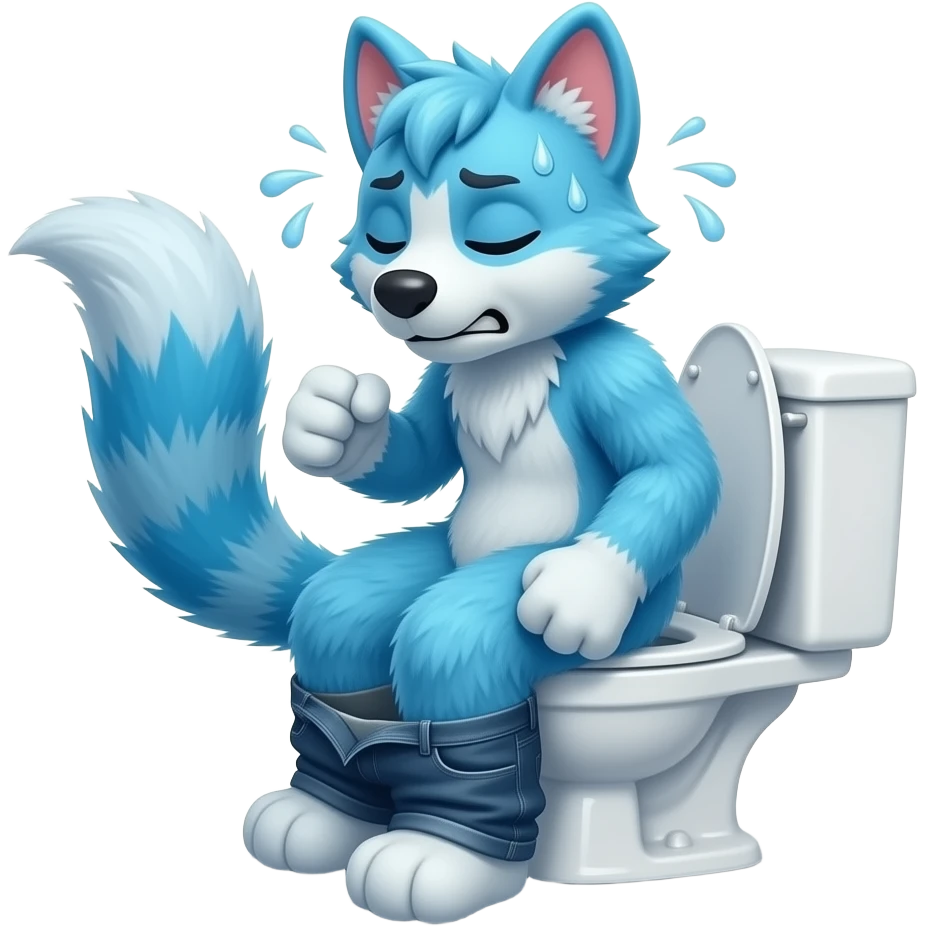 blue fursuit sitting on toilet, side view , pants down, pushing, eyes closed, straining face, pushing, sweating, , both fists, fart emoji