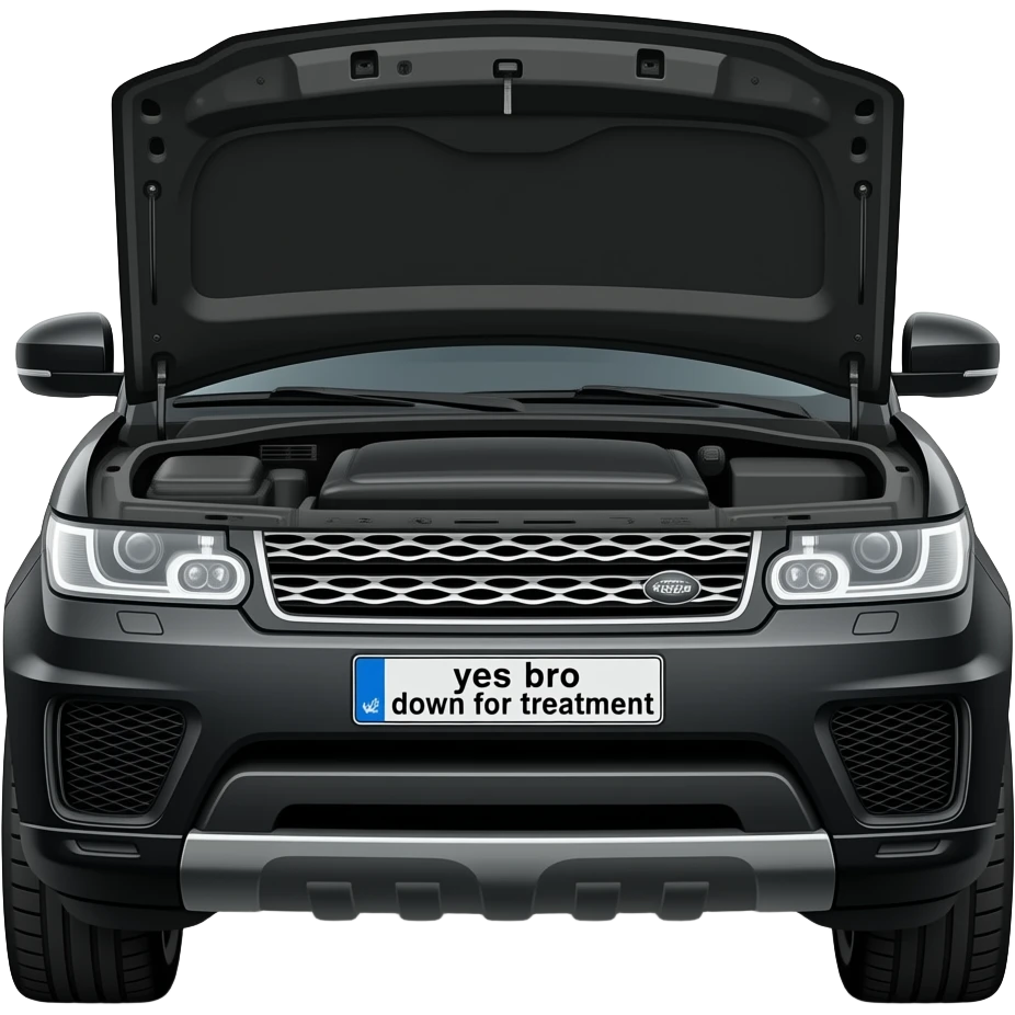 Black Range Rover svr hood open with license plate saying “yes bro down for treatment” emoji