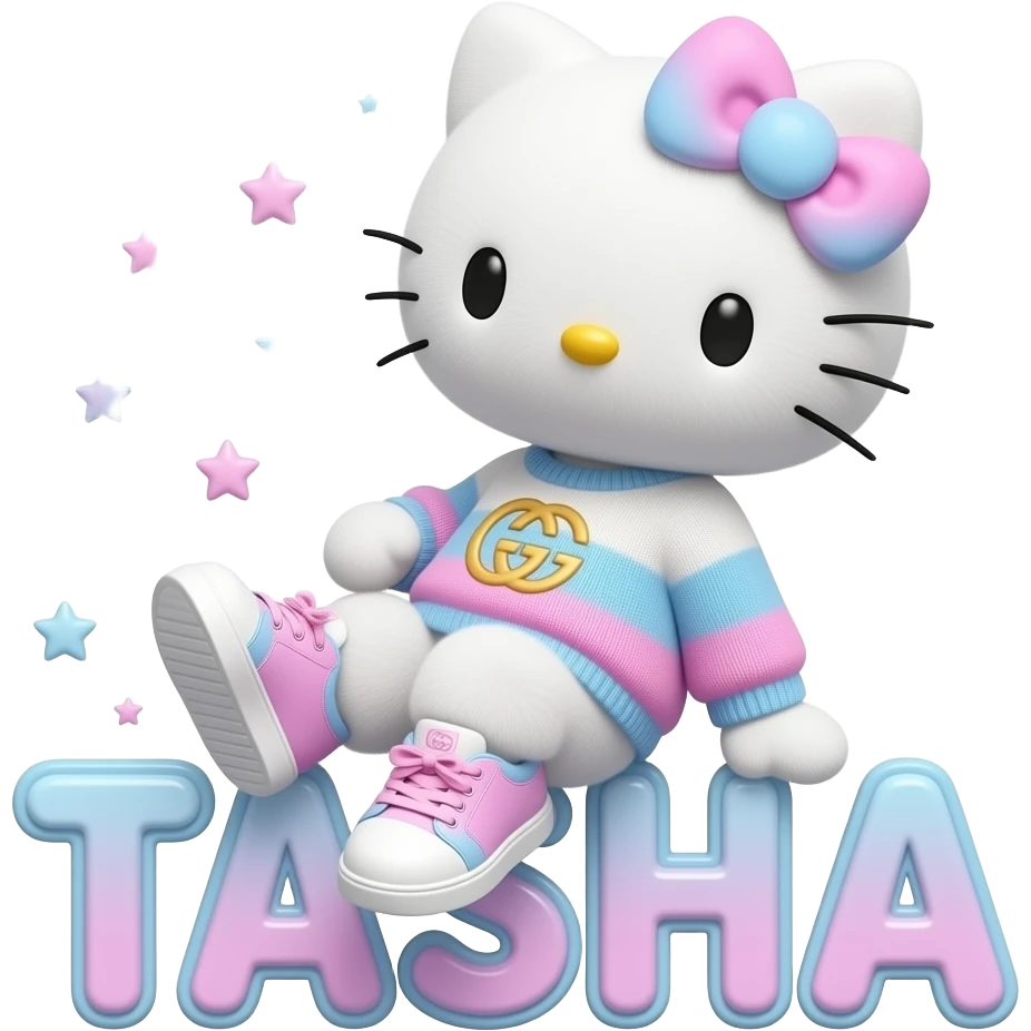 4D Velvety fur hello kitty wearing ombre white and blue and pink ombre pastel colored sweater and sneakers, and with the Gucci symbol on her ombre pastel bow sitting sideways leaning back on top of the velvety 3D outlined letters TASHA surrounded with tiny ombre pastel stars made of candy emoji
