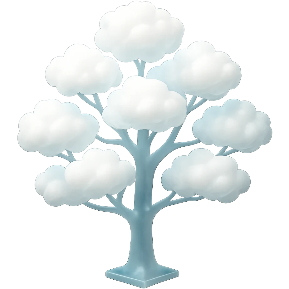 one tree with many branches and a white trunk, crown made of small very bright white fluffy convex clouds, matte glass style emoji