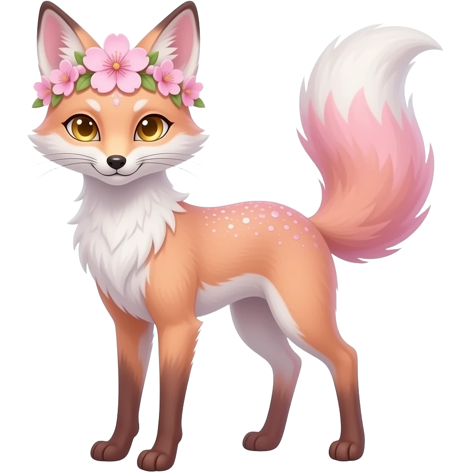 Elegant, flower-crowned Sakura petite tall thin realistic lanky scrawny fawny golden-eyed sparkling glittering pastel pink and white oriental Kitsune-fox, tall furry legs, long thin tail, long thin tufted ears swept backwards emoji