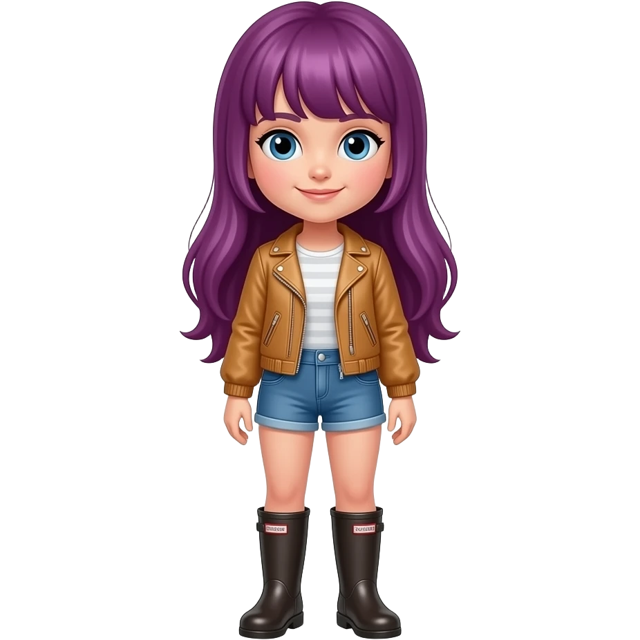 Short petite girl with bob boobs and long magenta hair, wearing jean shorts, Wellington leather boots and a tan javket emoji