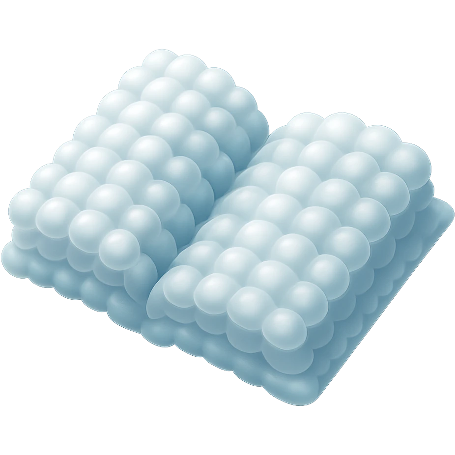 top view of a thick open book made entirely of small, very bright white fluffy convex clouds, matte glass style emoji