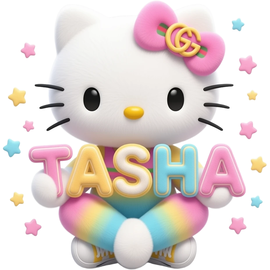 4D Velvety fur texture hello kitty wearing ombre white and blue and pink and yellow ombre pastel colored leggings and sneakers, and with the Gucci symbol on her ombre pastel bow sitting down holding the velvety 3D outlined letters TASHA and surrounded with tiny ombre pastel stars made of candy emoji