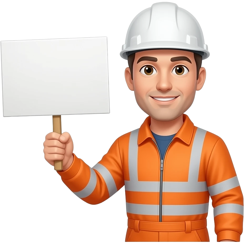 man standing in a hard hat and full orange hi-vis overalls with sleeves holding a sign emoji