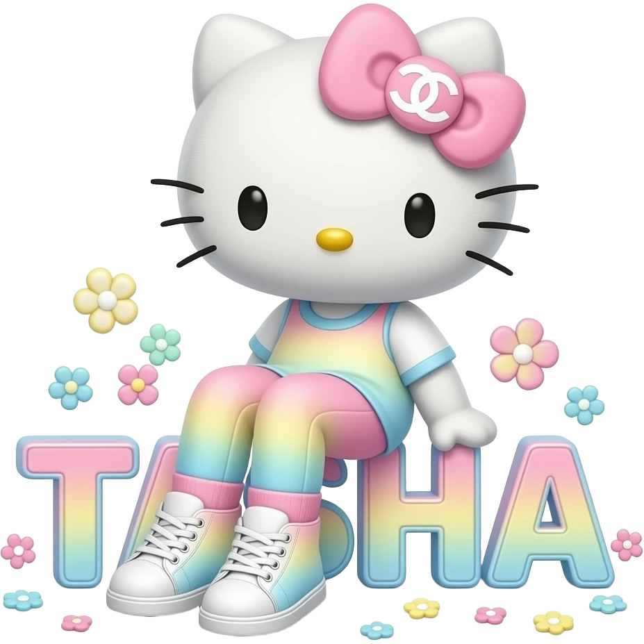 4D Velvety fur hello kitty wearing ombre white and blue and pink yellow ombre pastel colored leggings and sneakers, and with the Chanel symbol on her ombre pastel bow sitting sideways leaning back on top of the velvety 3D outlined letters TASHA surrounded with tiny ombre pastel flowers made of candy emoji
