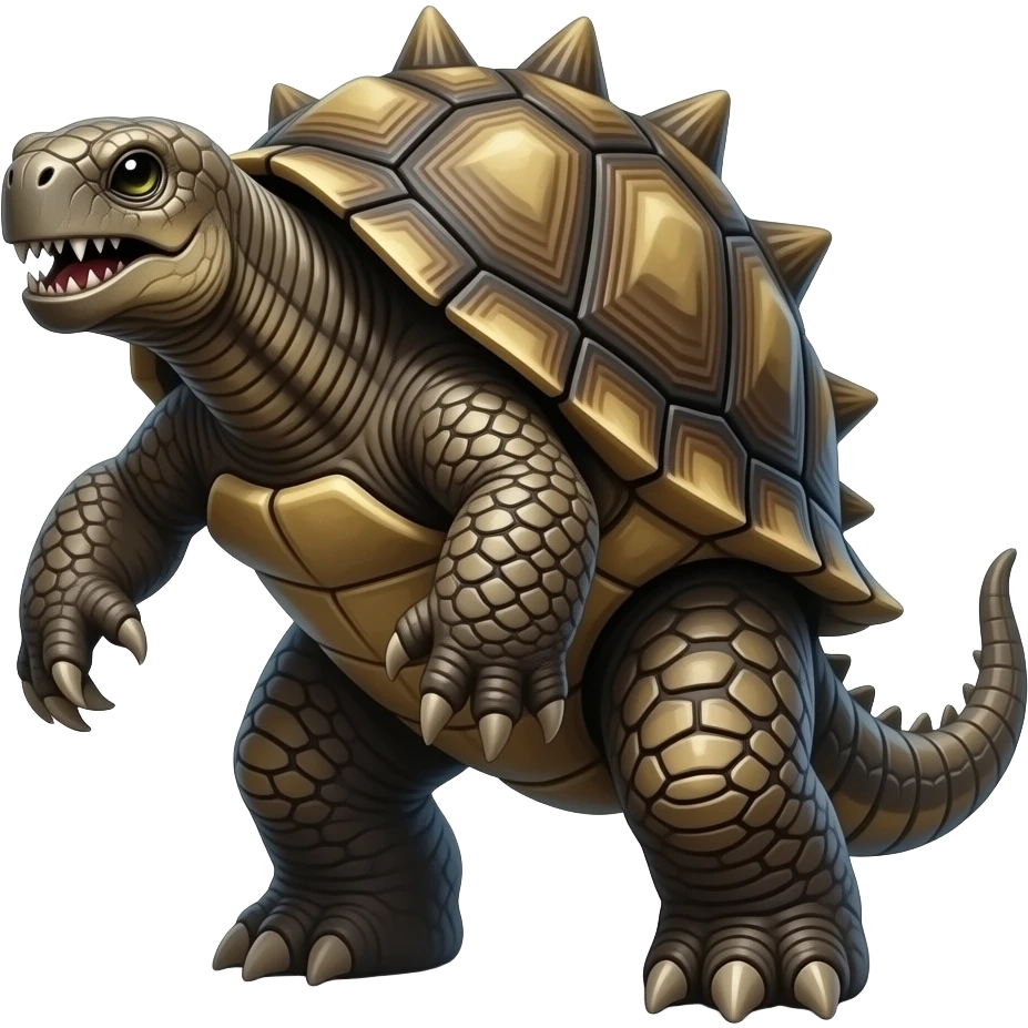 Enormous prehistoric turtle with Rough, spiked shell, Elephant-like legs with claws, Beaked mouth, Ability to retract limbs into its shell, with glowing eyes and tusk-like fangs, kaiju, stands on hind legs emoji