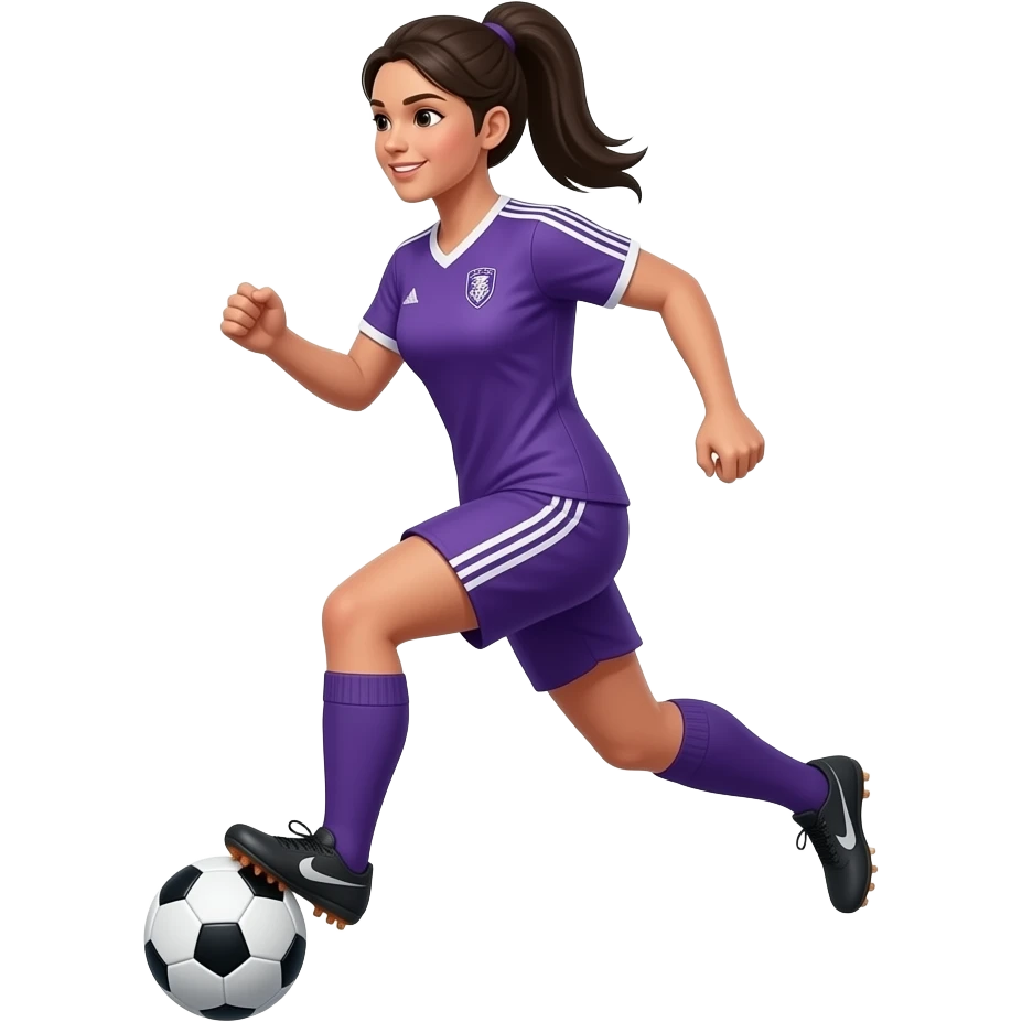 can you generate an apple style emoji of a female soccer player? she needs to be running with the ball on her feet, without a team suggestive uniform. the uniform can be a solid color like purple. emoji