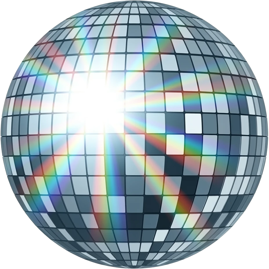 A glittering silver disco ball with detailed mirrored panels reflecting rainbow colours. Add beams of light radiating outward against a dark background. emoji