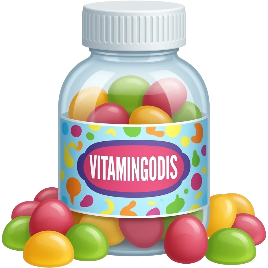 a bottle with supplement gummies for kid with the writing "VITAMINGODIS" on the label. emoji