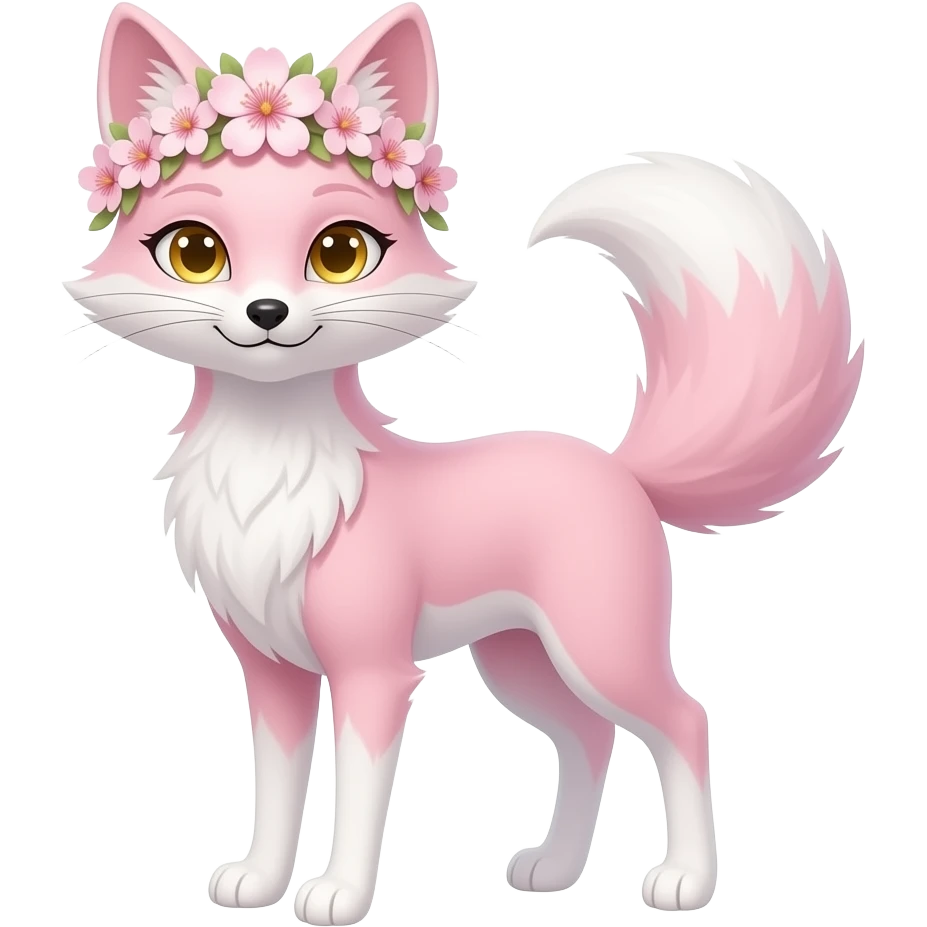 Elegant, flower-crowned pretty beautiful Sakura petite tall thin realistic lanky aesthetic golden-eyed sparkling glittering pastel pink and white oriental Kitsune-fox, tall furry legs, long thin tail, long thin tufted ears swept backwards emoji