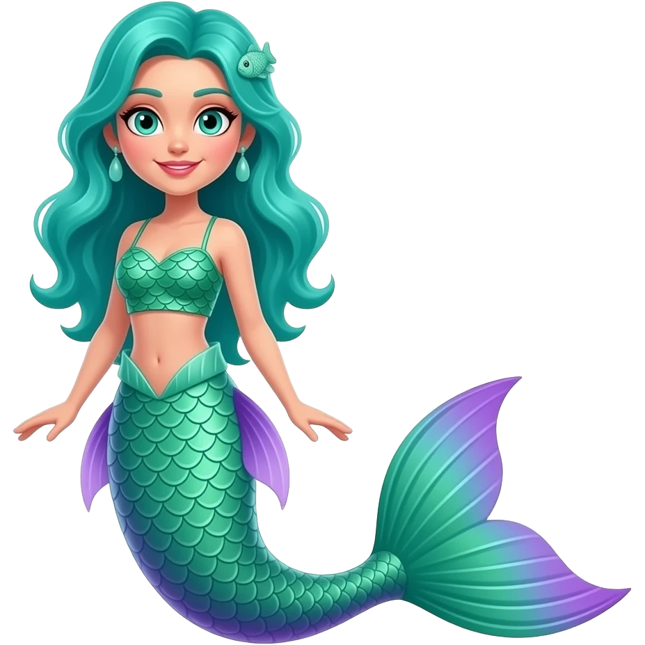 woman with turquoise hair and bring turquoise eyes and a mermaid tail, made of green and purple scales, wearing a crop top made of green fish scales full body emoji