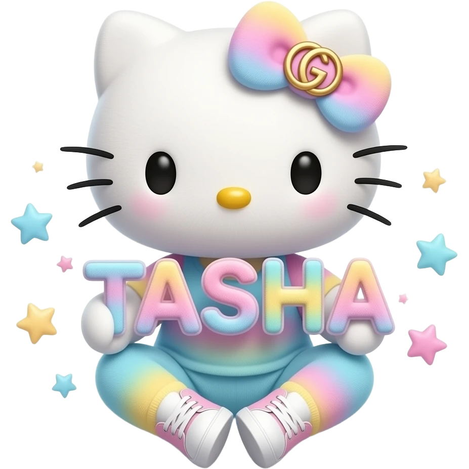 4D Velvety fur texture hello kitty wearing ombre white and blue and pink and yellow ombre pastel colored leggings and sneakers, and with the Gucci symbol on her ombre pastel bow sitting down holding the velvety 3D outlined letters TASHA and surrounded with tiny ombre pastel stars made of candy emoji