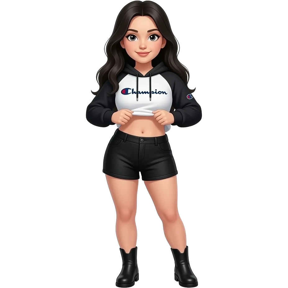 White girl with long black hair, black and white cropped champion hoodie with black arm sleeves, black high shorts, black plain boots, and a bit of a chubby body lifting her shirt to show her belly emoji
