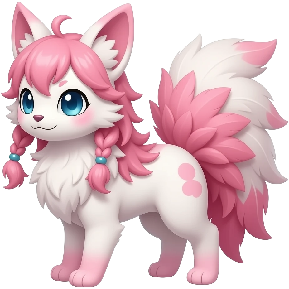 Fuzzy slim oriental feathery long-haired beaded mane cozy rosy aesthetic feathery Rosy beautiful Sylveon-Furret-Minccino-Espeon-Fakémon-hybrid emoji