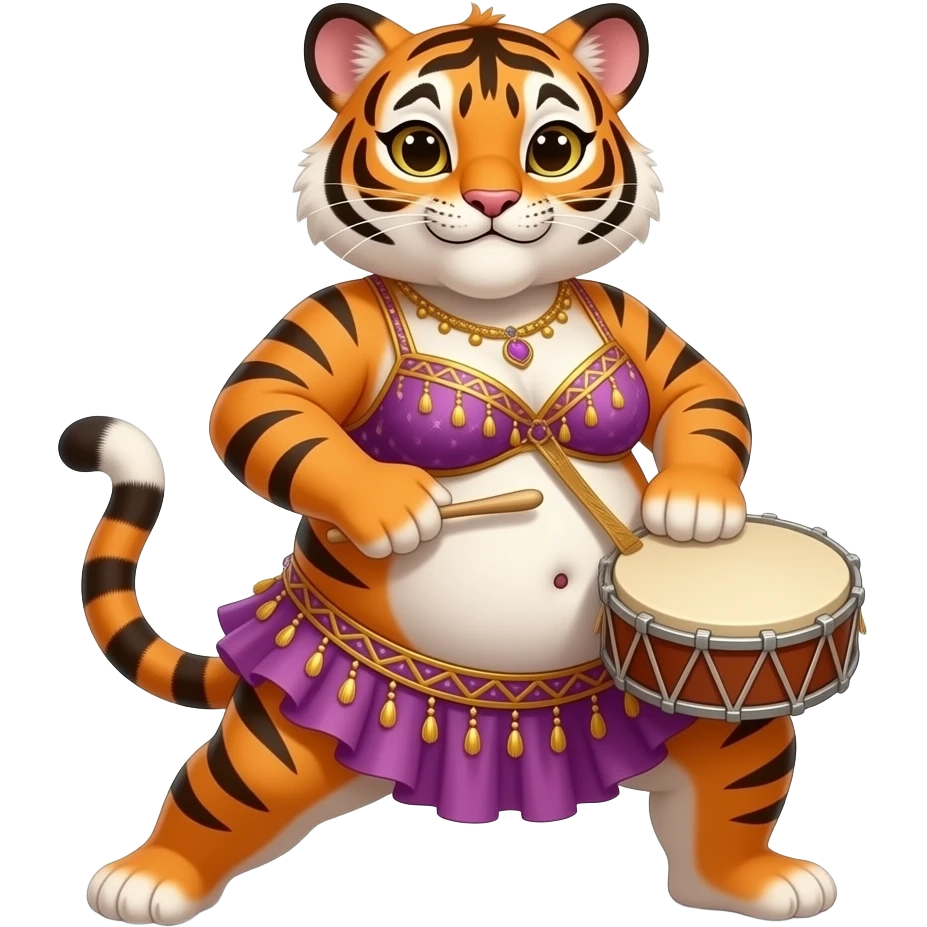 A chubby female tiger cub belly dancer,after a hefty brunch meal she is full & fat,Starting off with a stretch routine,she sticks out her plump tummy as far forward and downward as possible she can,then plays a slapping sound game on her fat tummy like drum solo,her bellybutton is poking out. emoji
