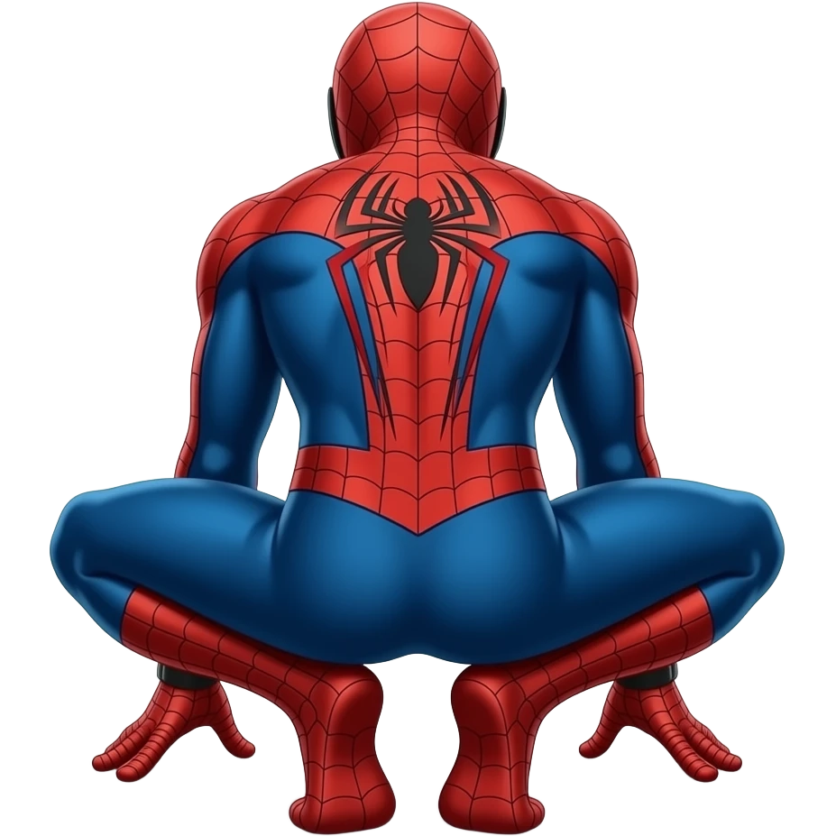 spiderman but only the back side of him kneeling down with his feet on his tip toes and his hands in between his feet, while he is slightly hunching over looking down with city building in front of him and down emoji