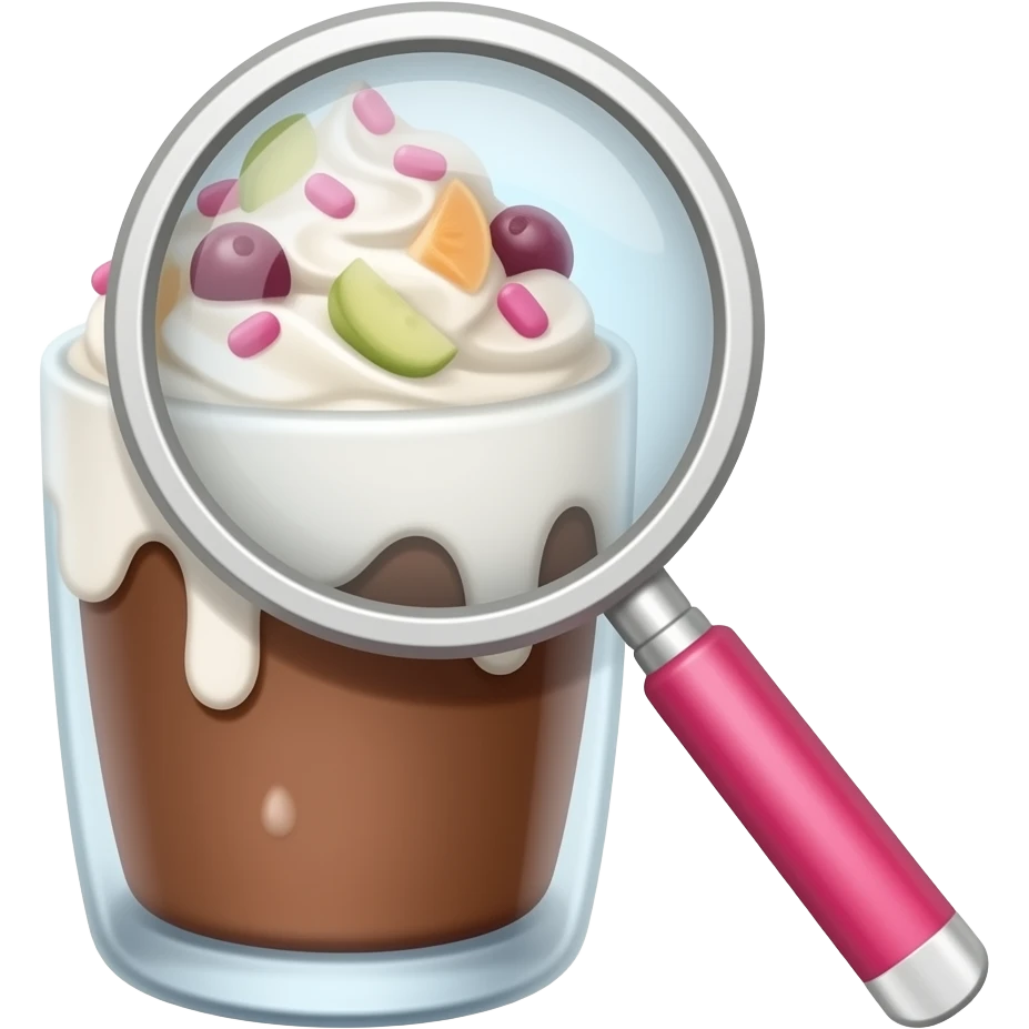 Lupa rosada viendo un vaso de chocolate y crema blanca  y frutas y chispitas rosadas emoji