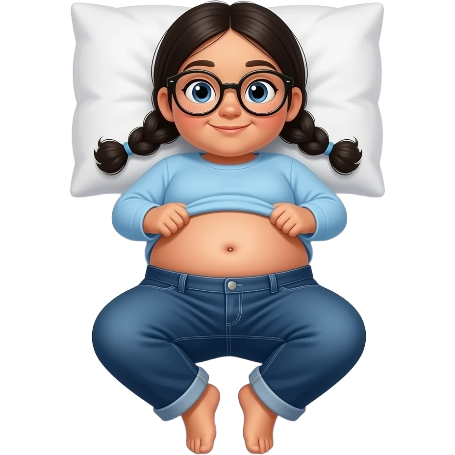 Obese Hispanic little girl with black pigtails and blue eyes rounded black glasses plain light blue long sleeve shirt and dark blue baggy jeans and belly button laying down on her pillow on her bed showing her feet lifting her shirt all the way up with fat belly button looking at her belly emoji